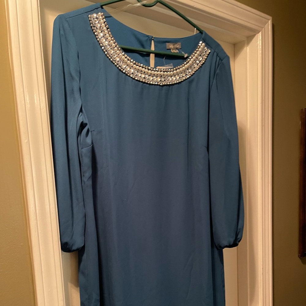 PRETTY HOLIDAY DRESS LILYROSE Beautiful Blue with Pearl & Rhinestones